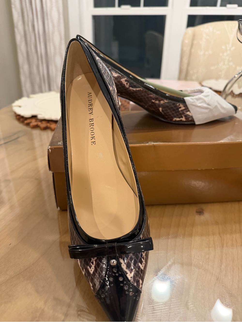 Audrey Brooke Brown Snakeskin Pointed Toe Flats with Black Patent Cap